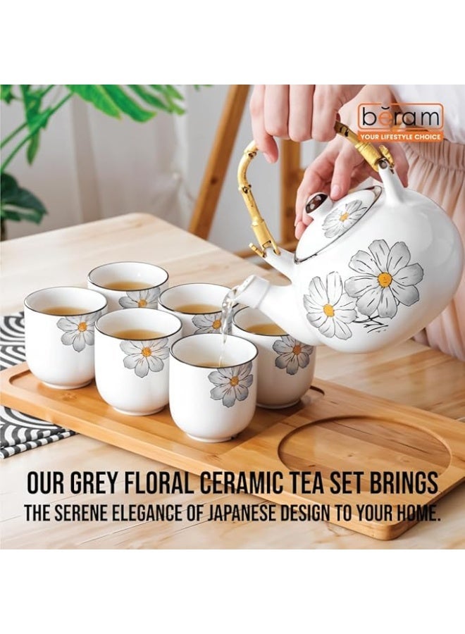 BERAM Porcelain Tea Sets, 7 Pieces Set with Unique Handles, Japanese Inspired Teapot and Cups Set, Scratch Resistant Decorative Tea Set with Gift Packaging, Tea Party Set  Grey - Image 3